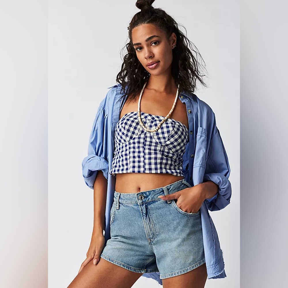 Free People Blue and White Gingham Crop Top
